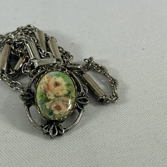 Vtg Yellow Rose Oval Pendant Cameo Style Necklace Silver Tone Ornate Cottagecore - Picture 7 of 11